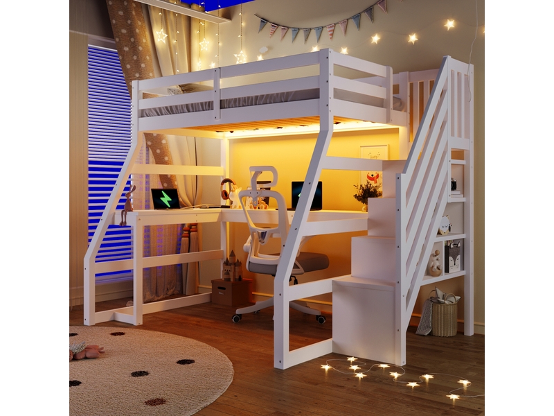  Lit mezzanine enfant 90x200 cm avec bureau, escalier de rangement, led, port usb, sommier à lattes, pin et mdf, blanc  - Conforama B