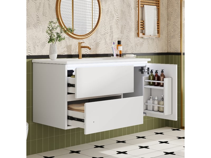 Meuble salle de bain suspendu 90 cm blanc laqué avec lavabo céramique et éclairage led capteur - Conforama B