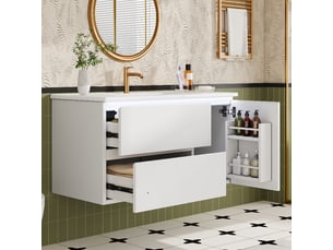 Meuble salle de bain suspendu 90 cm blanc laqué avec lavabo céramique et éclairage led capteur