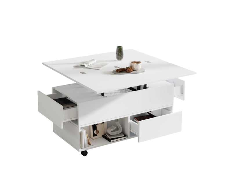  Table basse relevable 100x50x52 cm à roulettes panneau de particules blanche  - Conforama A