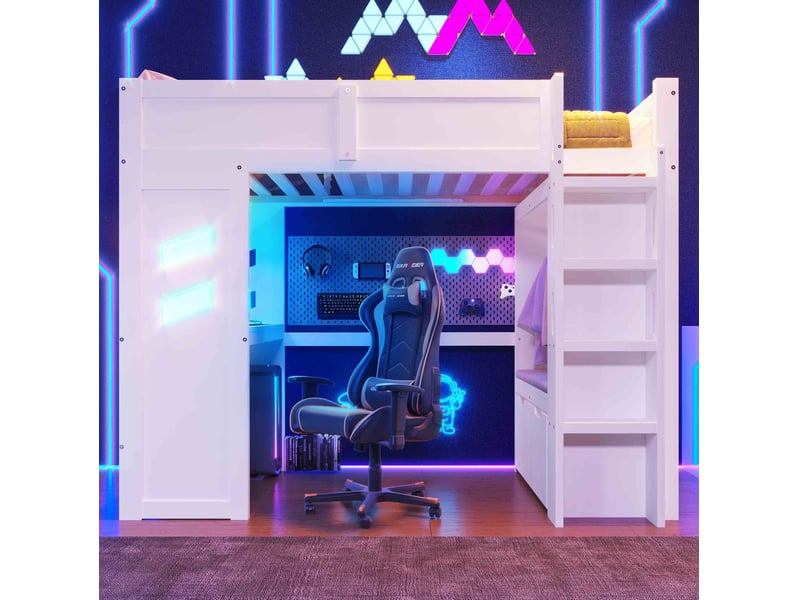  Lit mezzanine 90x200 cm avec bureau, led et rangements blanc  - Conforama B