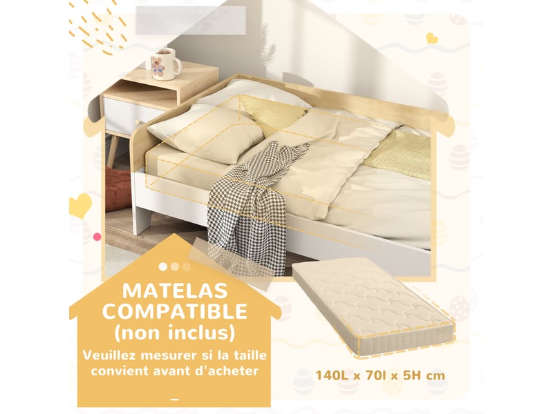  Lit enfant lit avec sommier à lattes avec panneaux latéraux élevés conception basse en bois blanc 143,5 x 74 x 40 cm  - Conforama R