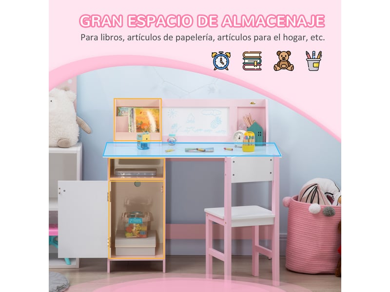  Bureau en bois pour enfant avec chaise et table, organiseur et tableau blanc, à partir de 5 ans, 90 x 45 x 85 cm, rose  - Conforama E