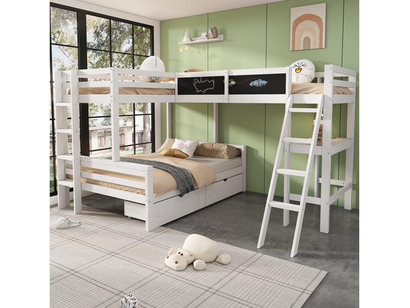Lit superposé enfant 3 couchages blanc et bois avec bureau et tiroirs - Conforama E