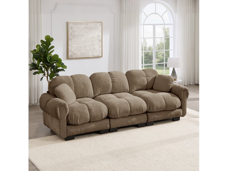  Canapé droit 3 places modulable en tissu marron avec 2 coussins déco, design matelassé pour le salon  - Conforama E