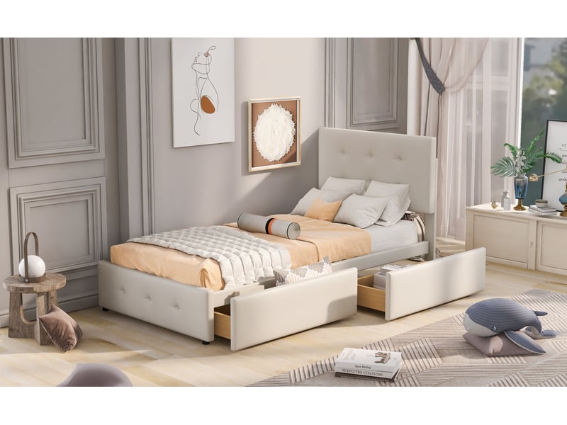  Feeohome lit enfant fille 90x200 cm, lit pour enfants avec tête de lits réglable et sommier à lattes, lit princesse avec 2 tiroirs, cadre de lit pour adolescent, enfant (beige)  - Conforama E