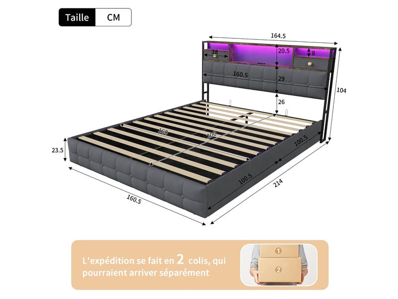  Lit double 160x200 cm avec coffre de rangement,led, usb et type-c, tête de lit de rangement, hydraulique, velours gris  - Conforama C