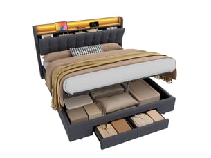 Lit coffre 2 places 180x200 cm avec led et tiroirs, coloris gris