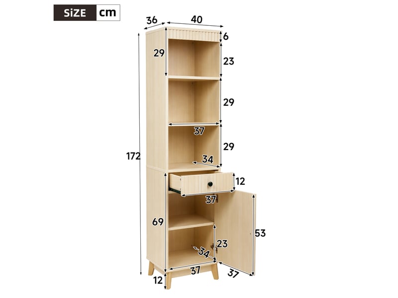  Armoire de salle de bain avec 1 porte réversible, tiroir et niches, fermeture douce en mdf naturel, 40 × 36 × 172 cm  - Conforama C