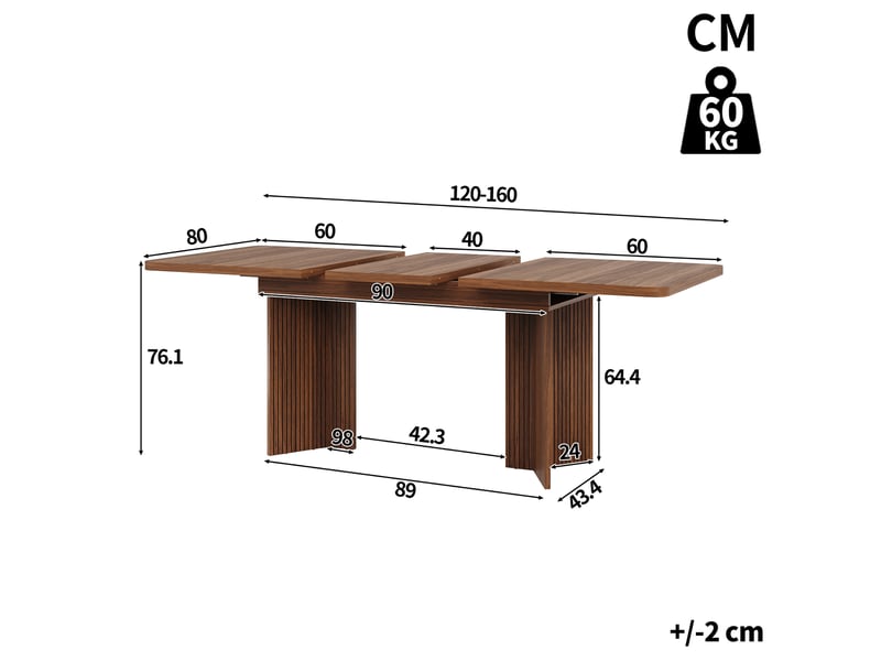 Table à manger extensible, 120 à 160 cm, rectangulaire, mdf, marron, plateau extensible de 120 à 160 cm - Conforama C