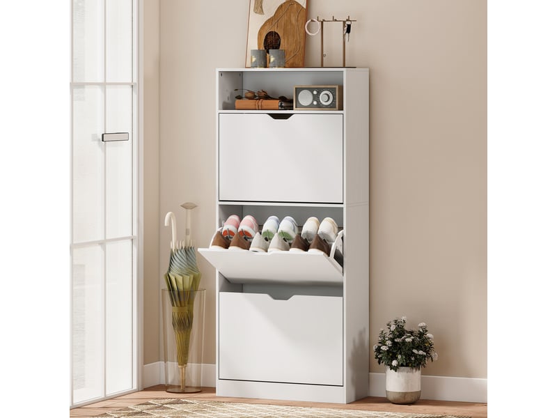  Meuble à chaussures 18 paires, armoire à chaussures étroite, 3 tiroirs rabattables, étagères réglables, blanc  - Conforama B