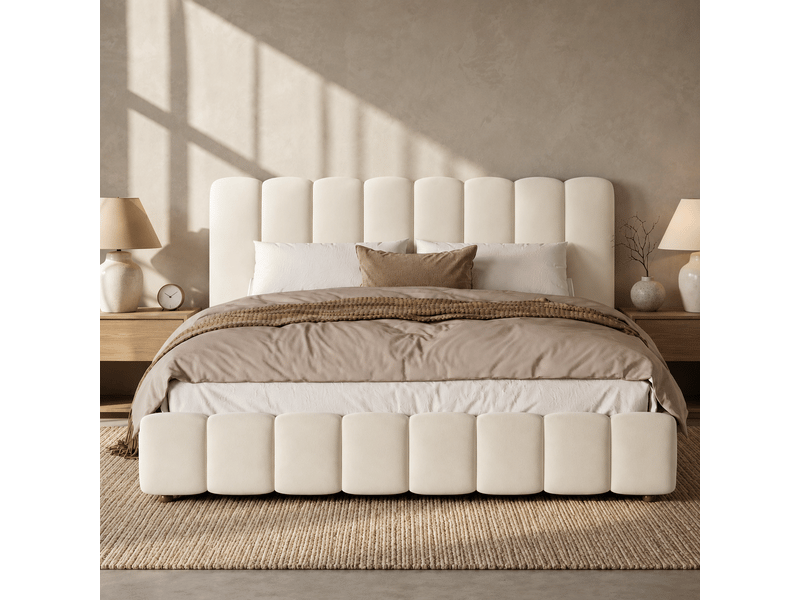  Lit coffre 160x200 cm - lit double rembourré - tête de lit à rayures - rangement hydraulique avec sommier à lattes - beige  - Conforama B