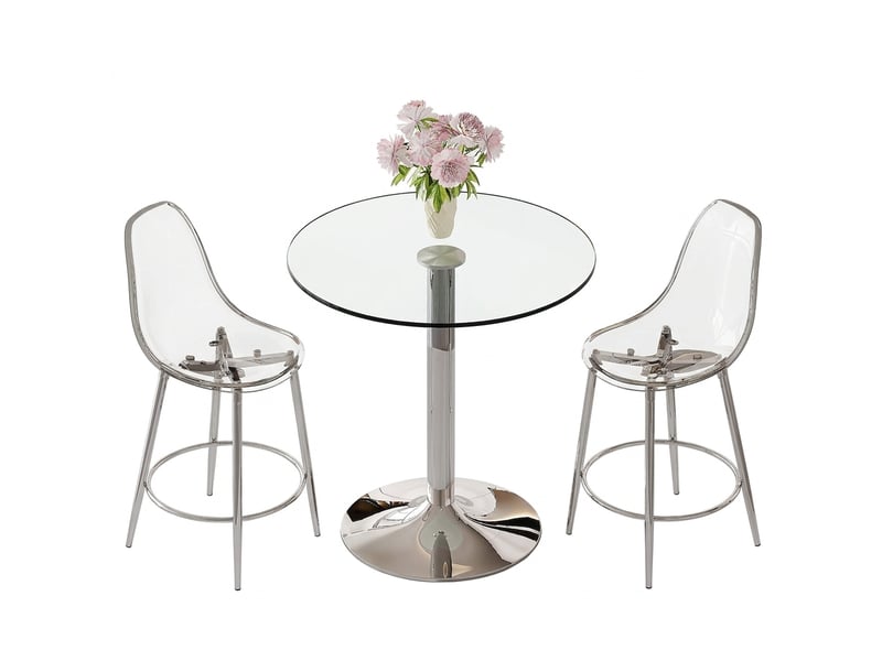  Ensemble table ronde ø89 cm et 2 tabourets transparents, verre et structure métal argenté  - Conforama A