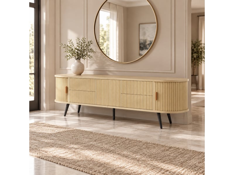  Meuble tv ovale naturel 180 x 40 x 45 cm avec 4 tiroirs et porte à enroulement  - Conforama D