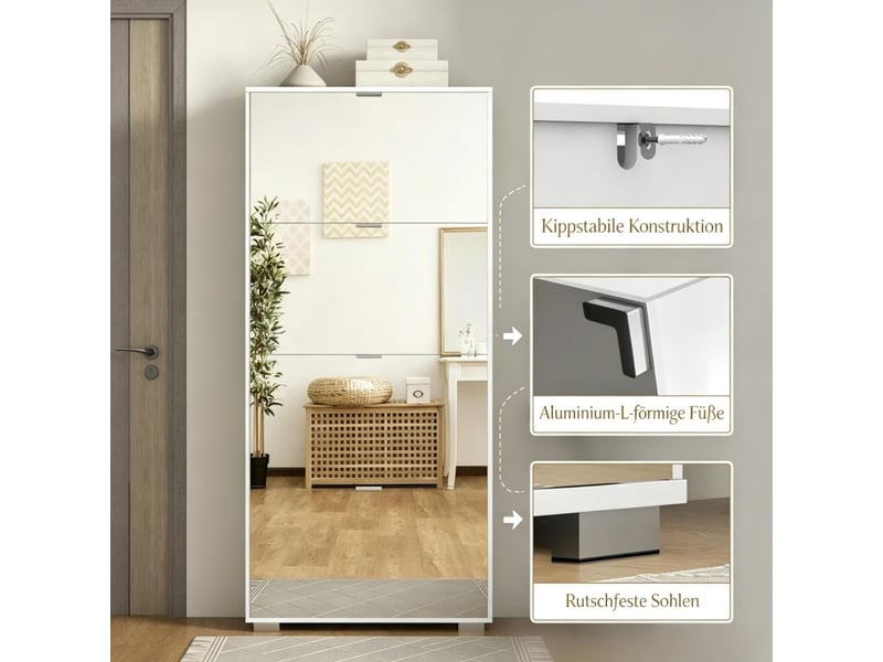  Meuble à chaussures 76 x 26 x 168 cm façades miroir armoire à chaussures capacité jusqu’à 24 paires 4 portes abattantes étagères réglables  - Conforama D