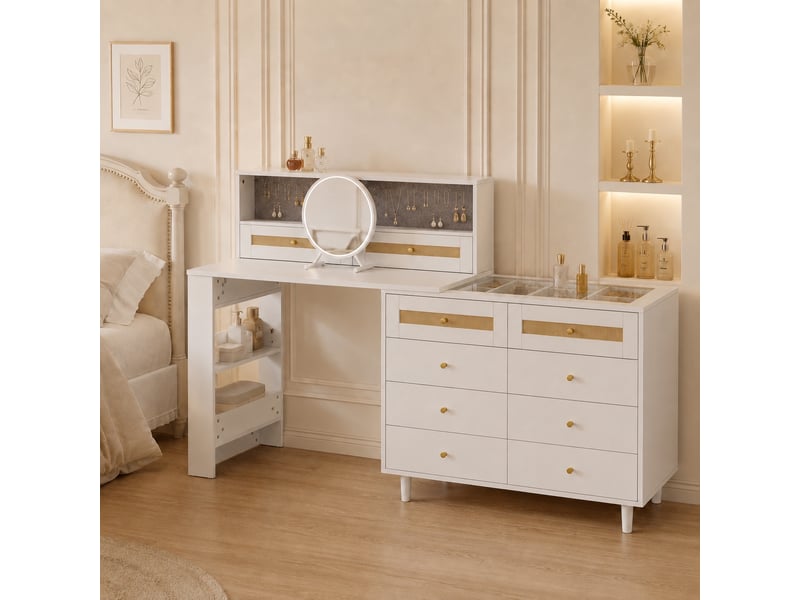  Coiffeuse avec miroir 105x50x108 cm, table de maquillage d'angle et meuble de rangement, rotin tressé, avec 10 tiroirs et plateau en verre, blanc  - Conforama B