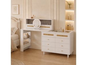 Coiffeuse avec miroir 105x50x108 cm, table de maquillage d'angle et meuble de rangement, rotin tressé, avec 10 tiroirs et plateau en verre, blanc