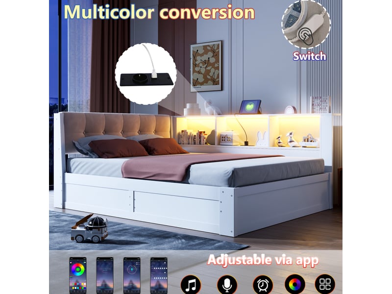 Lit coffre 140x200 cm, 209x165x83 cm, ouverture latérale, rangements, usb, led, bois et mdf, blanc sans matelas - Conforama E