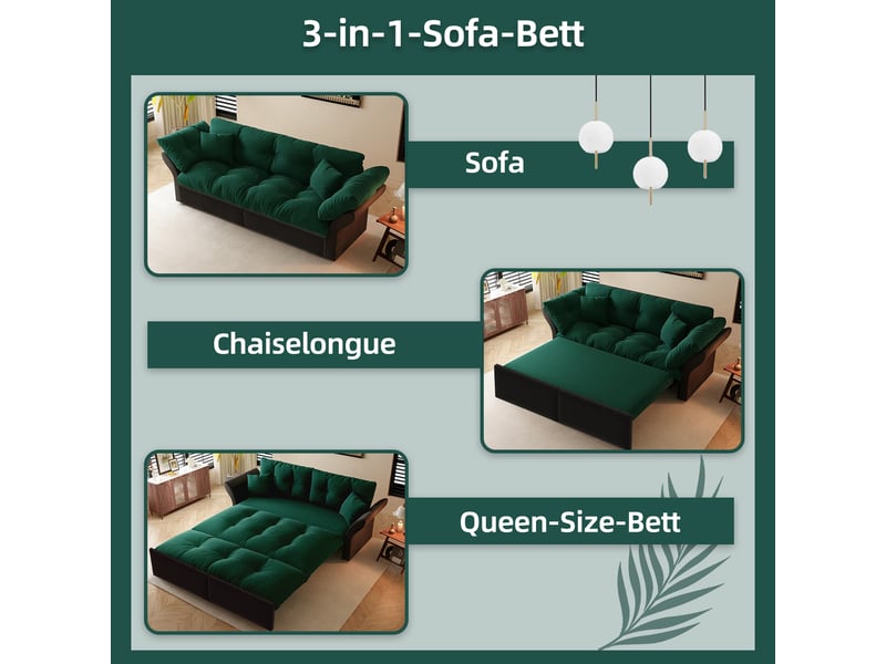  Canapé convertible 2 places 3-en-1, schlafsofa queen-size 190 cm, velvet vert, capitonné tufting, incl. 2 coussins, 190x85x91 cm, vert Morn Vibe - Conforama E