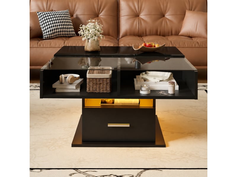  Table basse relevable noire avec led et rangement, 78 x 78 cm  - Conforama D