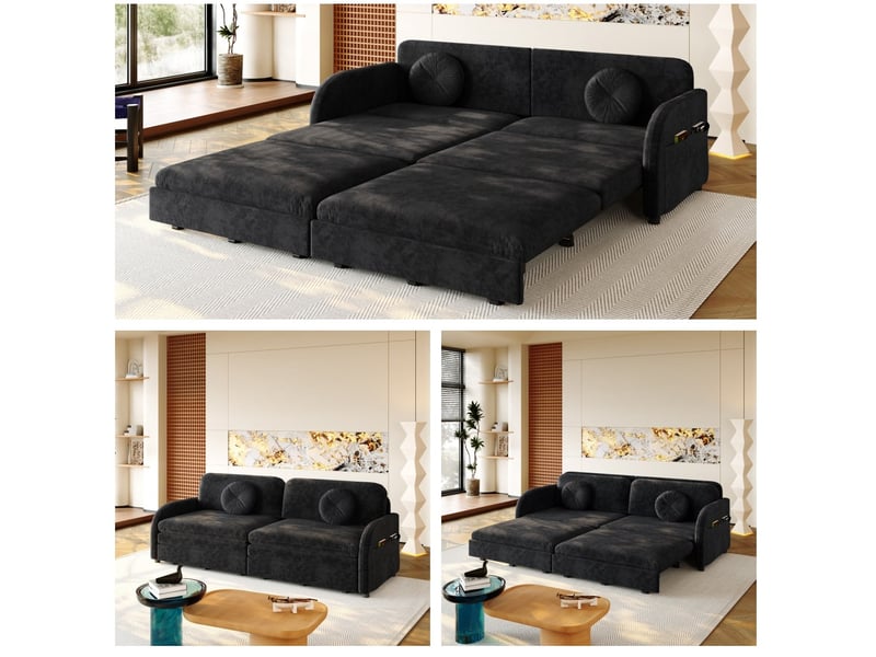  Canapé-lit 2 places 206x84x90 cm 3-en-1 avec poche latérale, pour salon, en métal, bois, mousse et tissu chenille, noir  - Conforama D