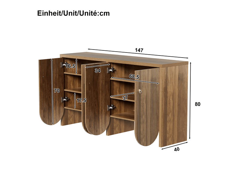 Buffet 4 portes avec étagères réglables pour salon en mdf 147×40×80 cm finition noyer - Conforama E