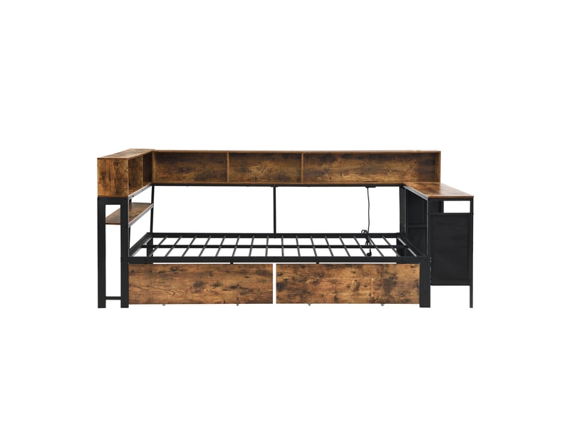  Lit métal 120×200 cm avec rangements, 2 tiroirs, étagères et prise, noir et naturel  - Conforama A