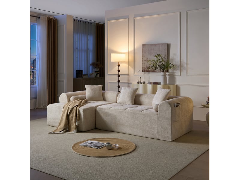  Canapé d'angle 263 x 132,5 cm beige en chenille, 4 places avec poche latérale intégrée  - Conforama D