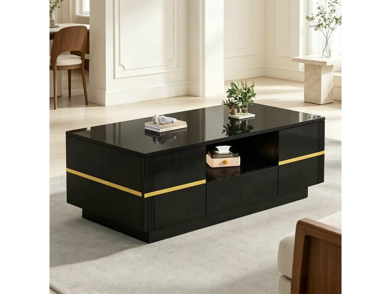  Table basse 100x50x35,5 cm avec led, rangement et accents dorés noire  - Conforama B