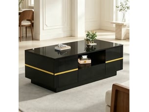 Table basse 100x50x35,5 cm avec led, rangement et accents dorés noire