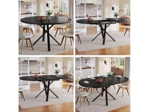 Table ronde extensible effet marbre 100 cm rallonge 140 cm piètement noir en x cuisine petit-déjeuner