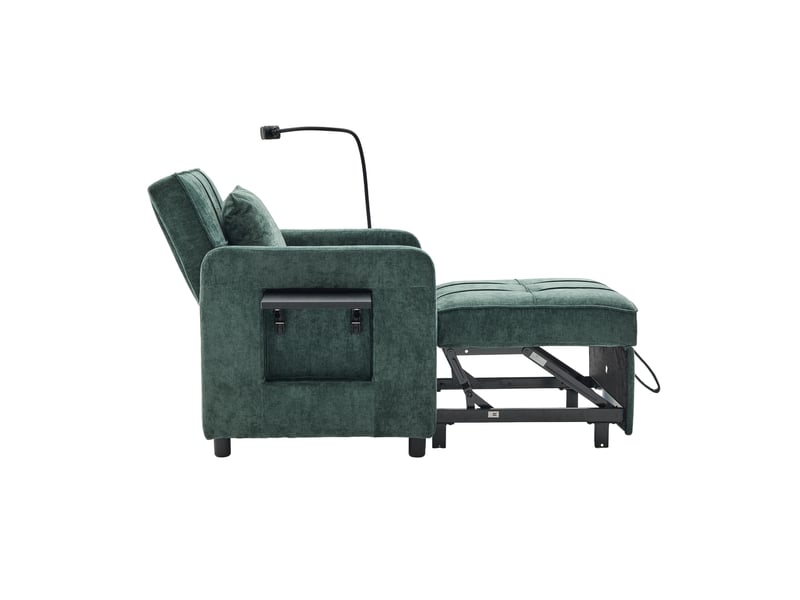  Fauteuil-lit 2-en-1 vert en chenille avec coussin, tablette et rangements  - Conforama E