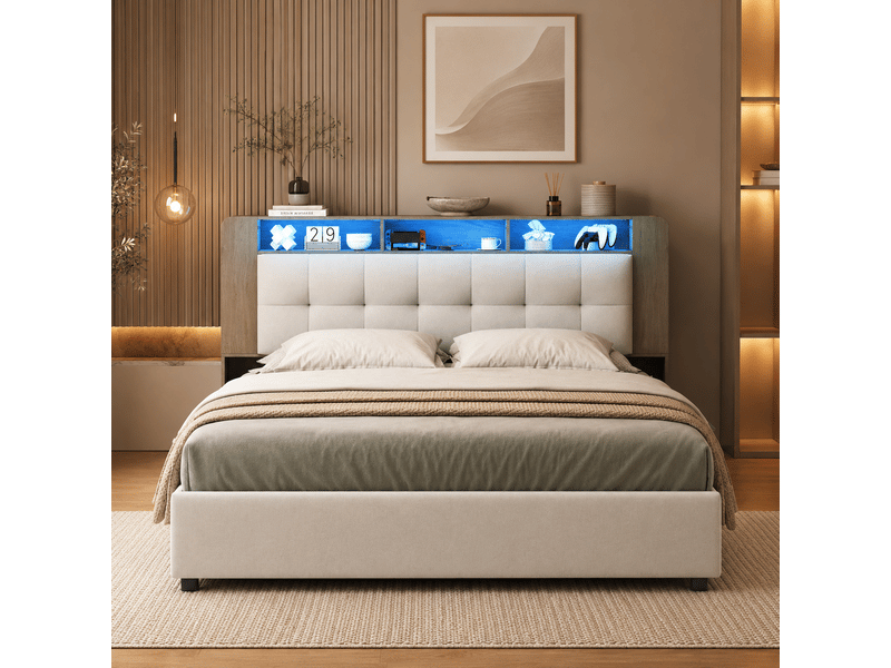  Lit coffre 160x200 cm, avec éclairage led et chargement sans fil, avec espace de rangement et sommier à lattes, lit double rembourré, en velours beige  - Conforama D