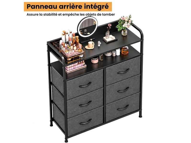  Meuble chiffonnier 83x30x97 cm six tiroirs tissu et etagere ouverte gris fonce  - Conforama A