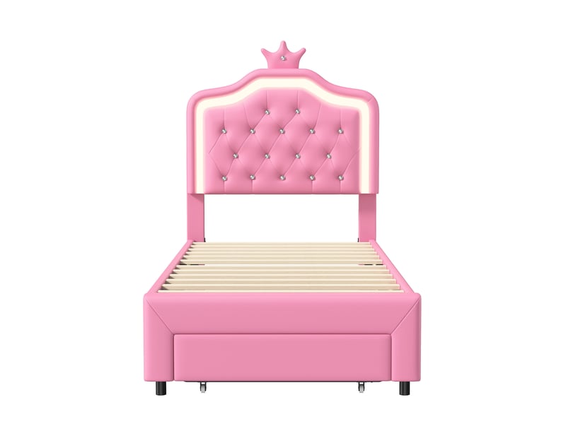  Dreammespace lit enfant 90x200 cm - lit capitonnée couronne led avec 1 tiroir &amp; hauteur réglable, cuir pu rose 240129YTT0103#ADcFJ8N7DEHWLY - Conforama A