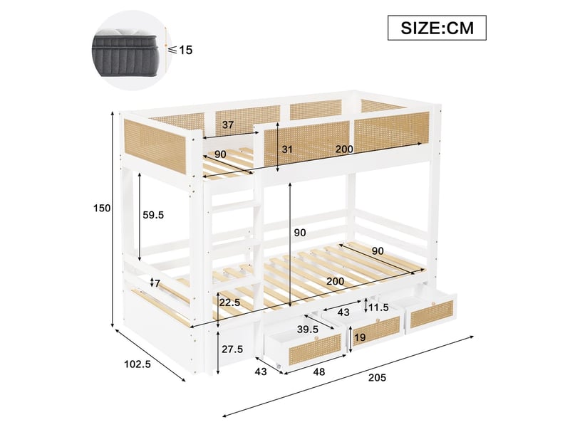 Lit superposé enfant 90x200, garde-corps haut sécurité, tiroirs coulissants  - Conforama D