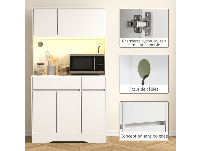  Buffet cuisine meuble cuisine rangement haut avec lumière led rgb, plan de travail, 6 portes, blanc, 2 tiroirs  - Conforama W