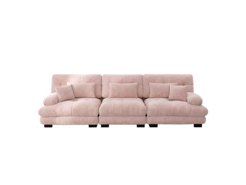  Canapé 3 places, canapé droit avec 3 coussins lombaires et 2 coussins décoratifs, structure en bois, en chenille, rose  - Conforama E