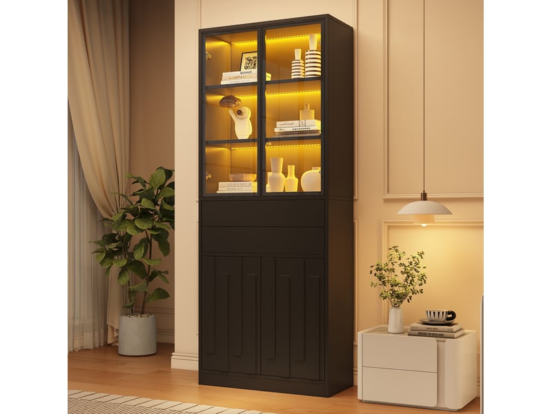  Vitrine led noire 70 × 34 × 180 cm, 4 portes en verre trempé, 2 tiroirs et éclairage bluetooth réglable  - Conforama D