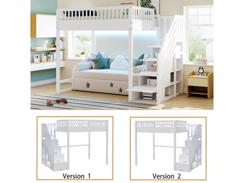 Lit mezzanine 140 x 200 cm - avec échelle de sécurité - avec barrières de sécurité - équipé de lumières led - blanc (matelas non inclus)  - Conforama W
