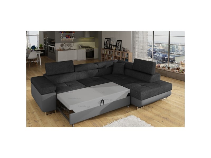  Canapé d'angle convertible menton gris foncé et gris – angle droit avec coffre  - Conforama D