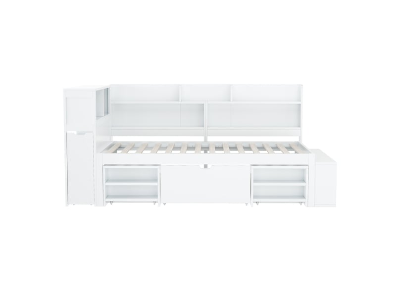  Lit enfant multifonctionnel 90x200 cm rangement tiroirs bibliothèques sommier à lattes contreplaqué blanc sans matelas  - Conforama E