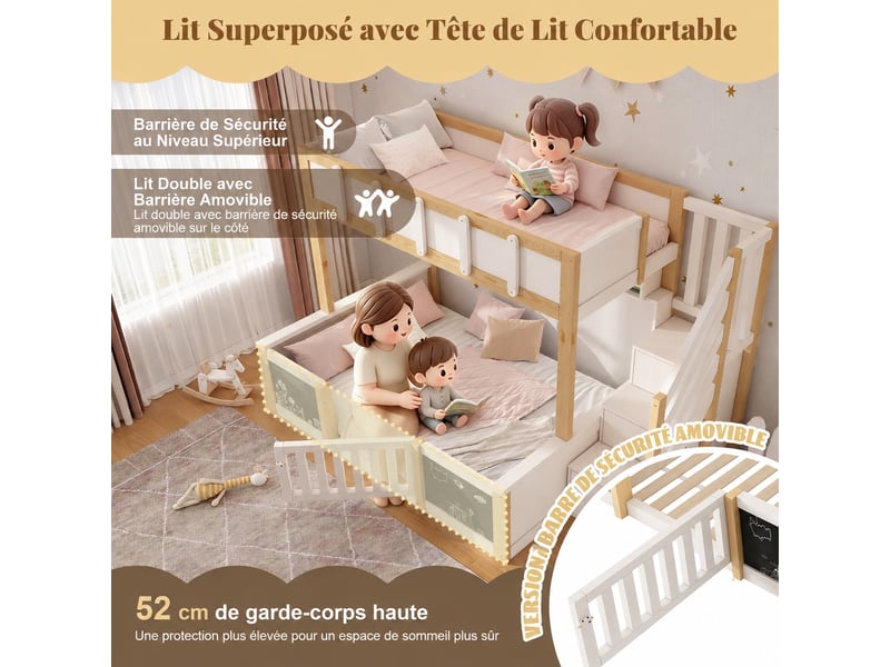  Lit superposé familial 90 x 200 cm et 140 x 200 cm, escalier de rangement, blancnaturel  - Conforama E