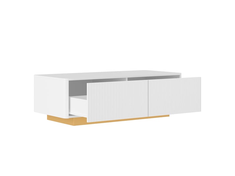 Meuble tv et table basse avec rangements, façades rainurées et socles dorés, pour salon moderne, blanc - Conforama E