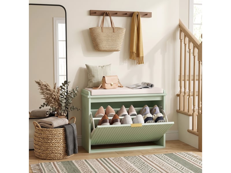  Banc à chaussures avec coussin d'assise rembourré et tiroir rabattable pour couloir, chambre, 62 x 26 x 47,5 cm, vert  - Conforama D