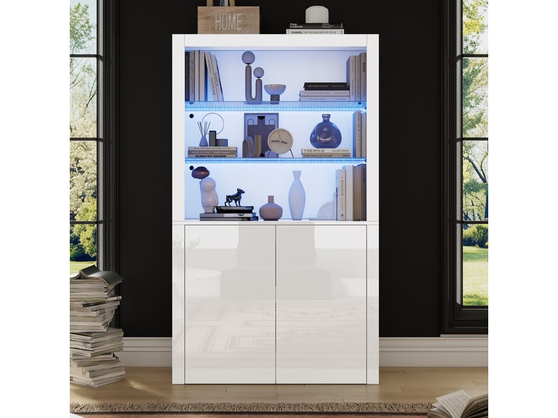 Vitrine led blanche laquée 100x35x170 cm meuble rangement salon verre trempé mdf moderne - Conforama B