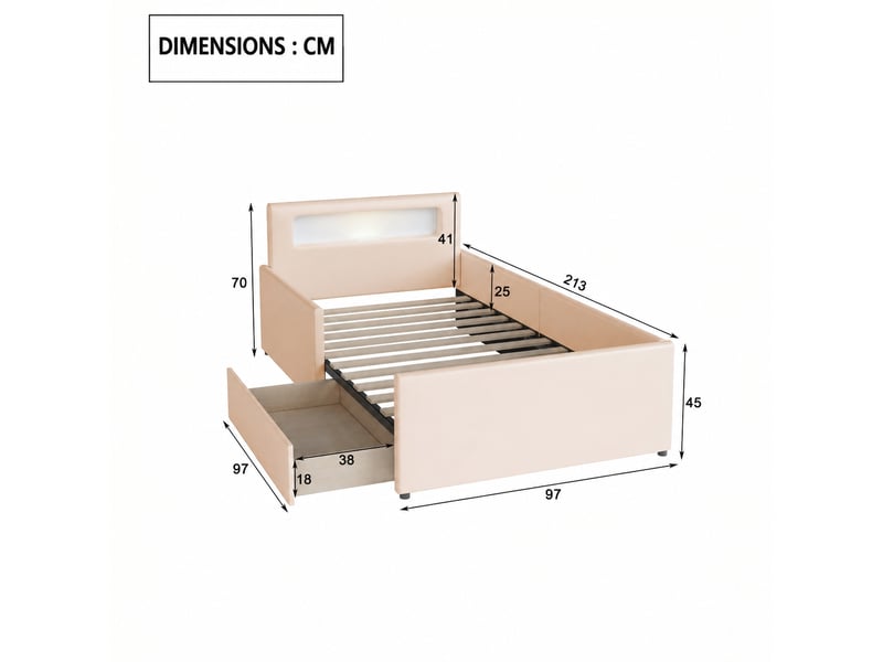 Lit enfant capitonné avec rangement 90 x 200 cm beige - veilleuse led et port usb - Conforama C