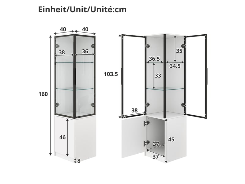  Vitrine haute 40x40x160 cm, éclairage led, commande par application, portes vitrées, grand rangement pour salon et séjour - blanc  - Conforama C