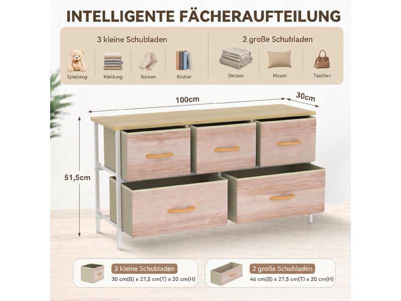  Commode 5 tiroirs en tissu structure métal coloris naturel et blanc 100 x 30 x 51,5 cm  - Conforama D