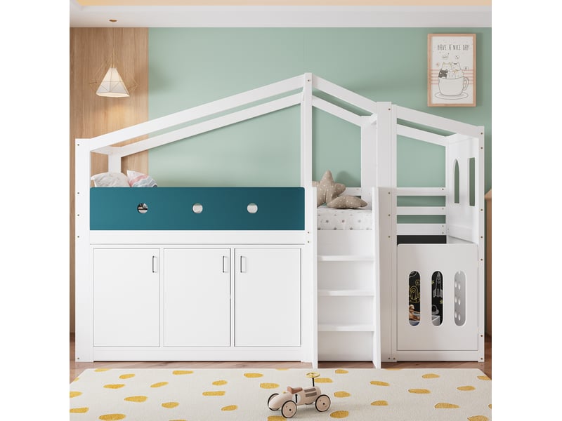  Lit surélevé enfant modenvie 90 x 200 cm maison blanc avec espace de jeu et armoire de rangement  - Conforama E